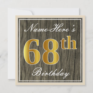 Invitación Elegante, Faux Wood, Faux Gold 68th Birthday + Nom