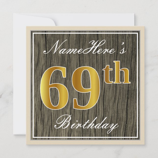 Invitación Elegante, Faux Wood, Faux Gold 69th Birthday + Nom (Anverso)