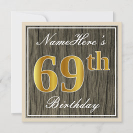 Invitación Elegante, Faux Wood, Faux Gold 69th Birthday + Nom
