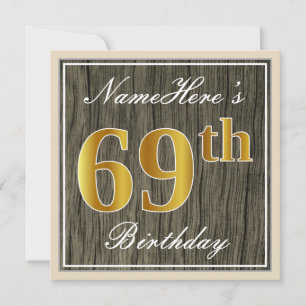 Invitación Elegante, Faux Wood, Faux Gold 69th Birthday + Nom