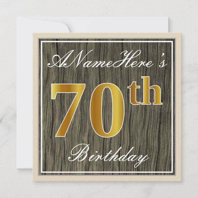 Invitación Elegante, Faux Wood, Faux Gold 70th Birthday + Nam (Anverso)