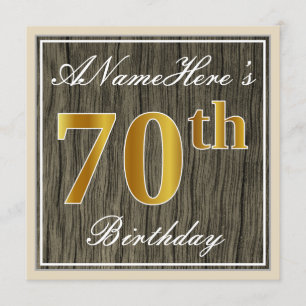 Invitación Elegante, Faux Wood, Faux Gold 70th Birthday + Nam