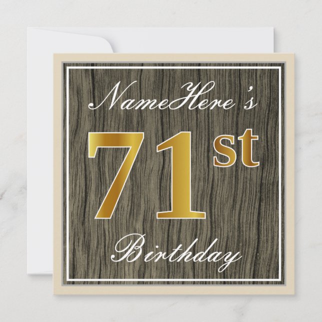 Invitación Elegante, Faux Wood, Faux Gold 71st Birthday + Nom (Anverso)