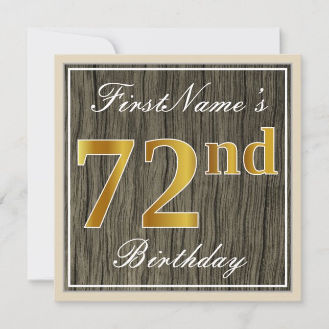 Invitación Elegante, Faux Wood, Faux Gold 72nd Birthday + Nom (Anverso)