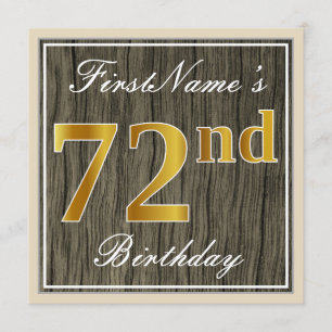 Invitación Elegante, Faux Wood, Faux Gold 72nd Birthday + Nom