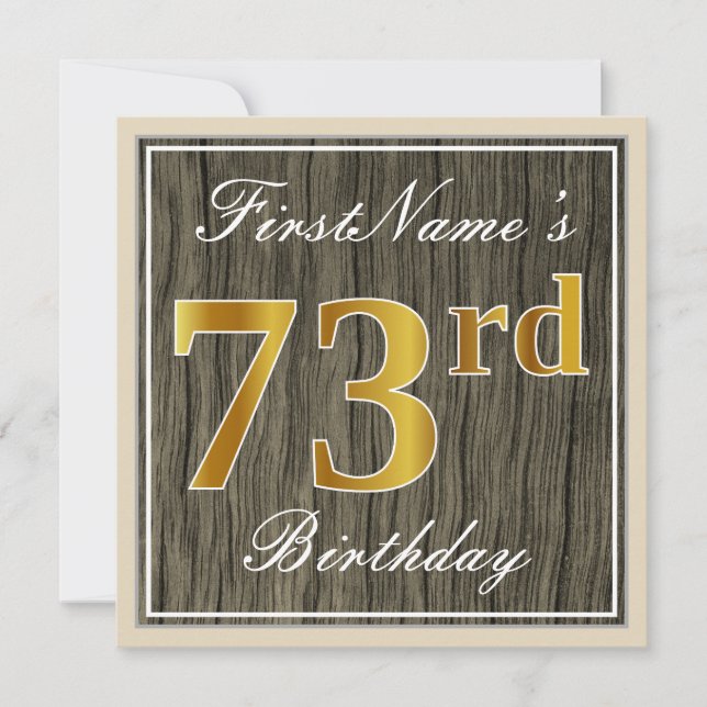 Invitación Elegante, Faux Wood, Faux Gold 73rd Birthday + Nam (Anverso)