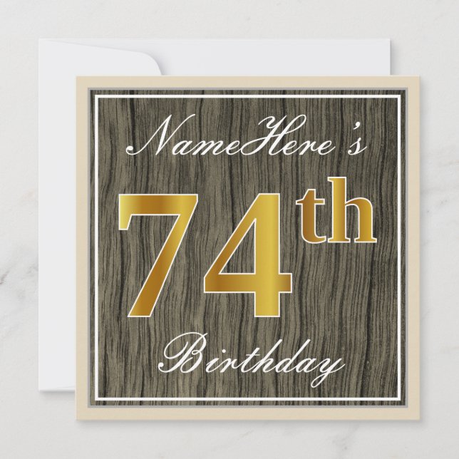 Invitación Elegante, Faux Wood, Faux Gold 74th Birthday + Nom (Anverso)