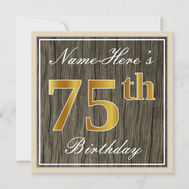 Invitación Elegante, Faux Wood, Faux Gold 75th Birthday + Nom (Anverso)