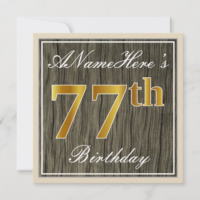 Invitación Elegante, Faux Wood, Faux Gold 77th Birthday + Nom (Anverso)