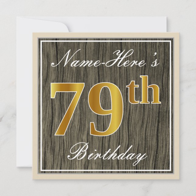 Invitación Elegante, Faux Wood, Faux Gold 79th Birthday + Nom (Anverso)