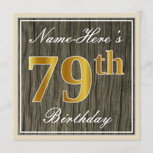 Invitación Elegante, Faux Wood, Faux Gold 79th Birthday + Nom