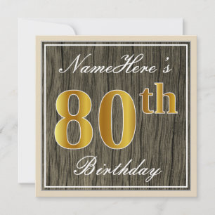 Invitación Elegante, Faux Wood, Faux Gold 80th Birthday + Nam
