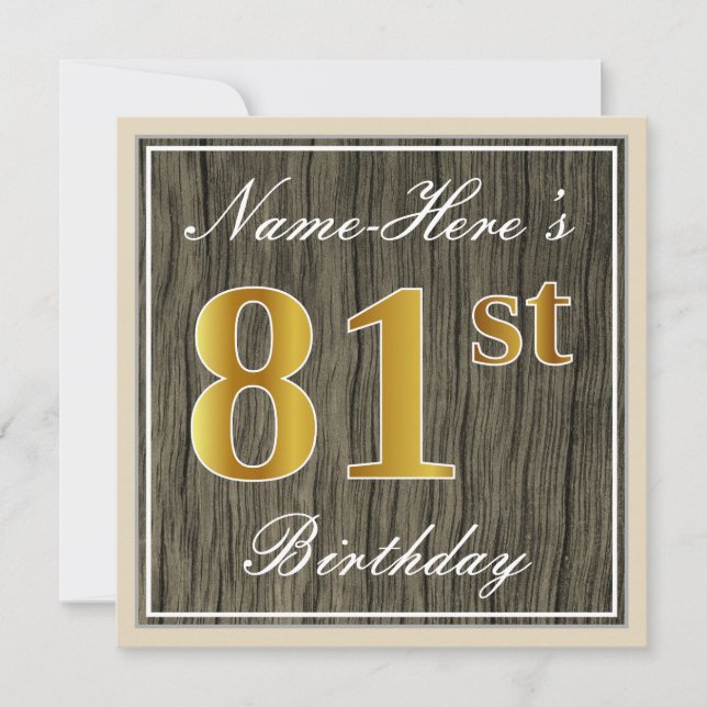 Invitación Elegante, Faux Wood, Faux Gold 81st Birthday + Nom (Anverso)