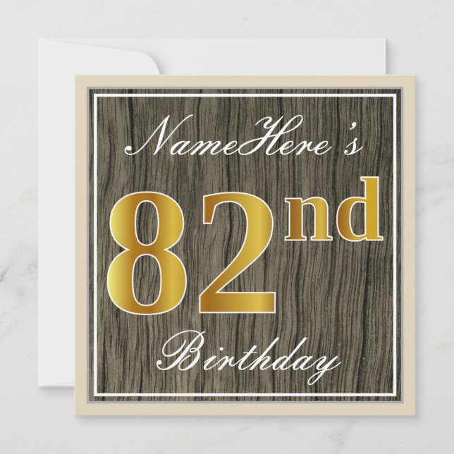 Invitación Elegante, Faux Wood, Faux Gold 82nd Birthday + Nom (Anverso)
