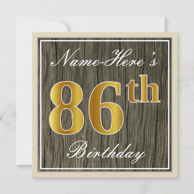 Invitación Elegante, Faux Wood, Faux Gold 86th Birthday + Nam (Anverso)