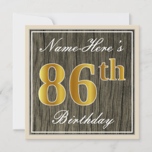 Invitación Elegante, Faux Wood, Faux Gold 86th Birthday + Nam