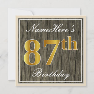Invitación Elegante, Faux Wood, Faux Gold 87th Birthday + Nom
