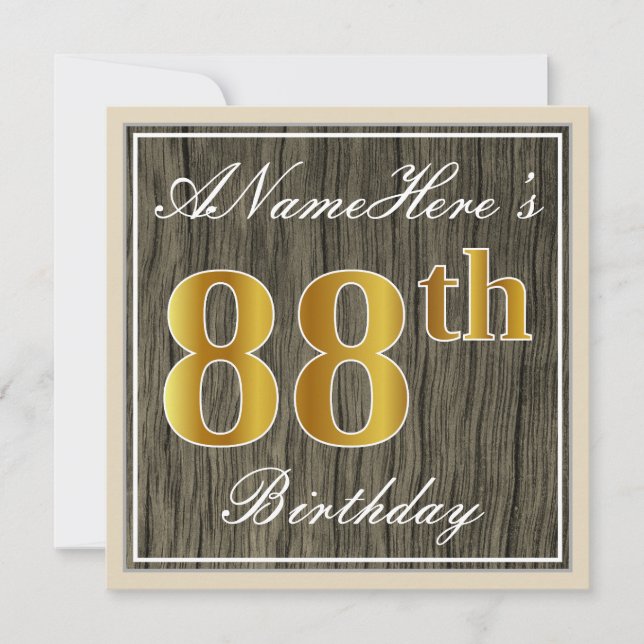 Invitación Elegante, Faux Wood, Faux Gold 88th Birthday + Nom (Anverso)