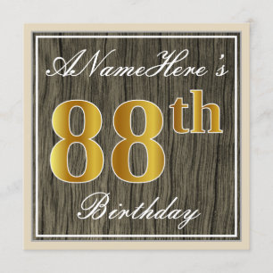 Invitación Elegante, Faux Wood, Faux Gold 88th Birthday + Nom