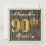 Invitación Elegante, Faux Wood, Faux Gold 90th Birthday   Nam<br><div class="desc">Este sencillo y elegante diseño de invitación para fiestas de cumpleaños incluye un mensaje personalizado como "ANameHere's 90th Birthday" (con el "90th" con un aspecto de color falso/imitación dorado) dentro de un rústico área de apariencia de madera de imitación con un sencillo contorno fronterizo. El nombre se encuentra en un...</div>