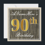 Invitación Elegante, Faux Wood, Faux Gold 90th Birthday   Nam<br><div class="desc">Este sencillo y elegante diseño de invitación para fiestas de cumpleaños incluye un mensaje personalizado como "ANameHere's 90th Birthday" (con el "90th" con un aspecto de color falso/imitación dorado) dentro de un rústico área de apariencia de madera de imitación con un sencillo contorno fronterizo. El nombre se encuentra en un...</div>