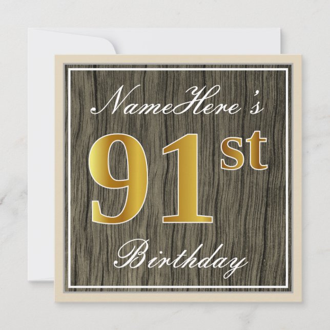 Invitación Elegante, Faux Wood, Faux Gold 91st Birthday + Nom (Anverso)