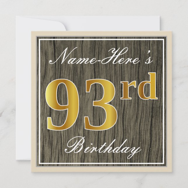 Invitación Elegante, Faux Wood, Faux Gold 93rd Birthday + Nam (Anverso)
