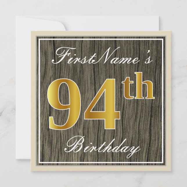 Invitación Elegante, Faux Wood, Faux Gold 94th Birthday + Nom (Anverso)