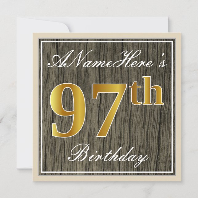 Invitación Elegante, Faux Wood, Faux Gold 97th Birthday + Nam (Anverso)