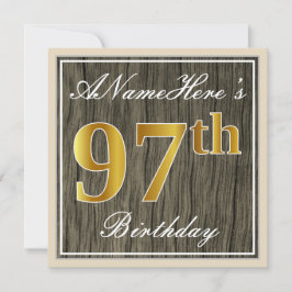 Invitación Elegante, Faux Wood, Faux Gold 97th Birthday + Nam