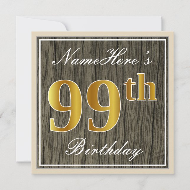 Invitación Elegante, Faux Wood, Faux Gold 99th Birthday + Nom (Anverso)