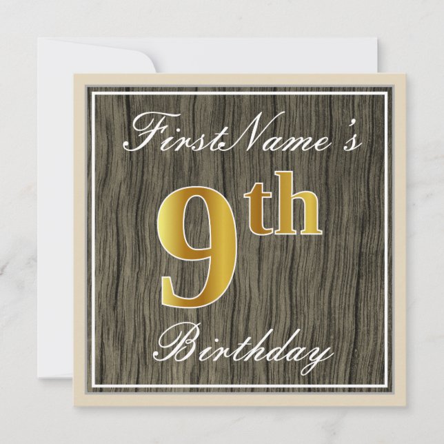 Invitación Elegante, Faux Wood, Faux Gold 9Cumpleaños + Nombr (Anverso)