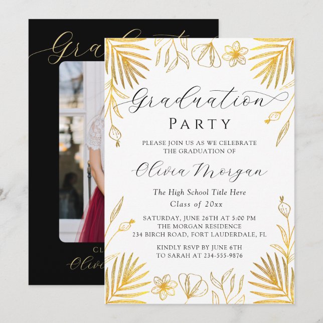 Invitación Elegante Feria de Graduación de Guión Floral de Or (Anverso / Reverso)