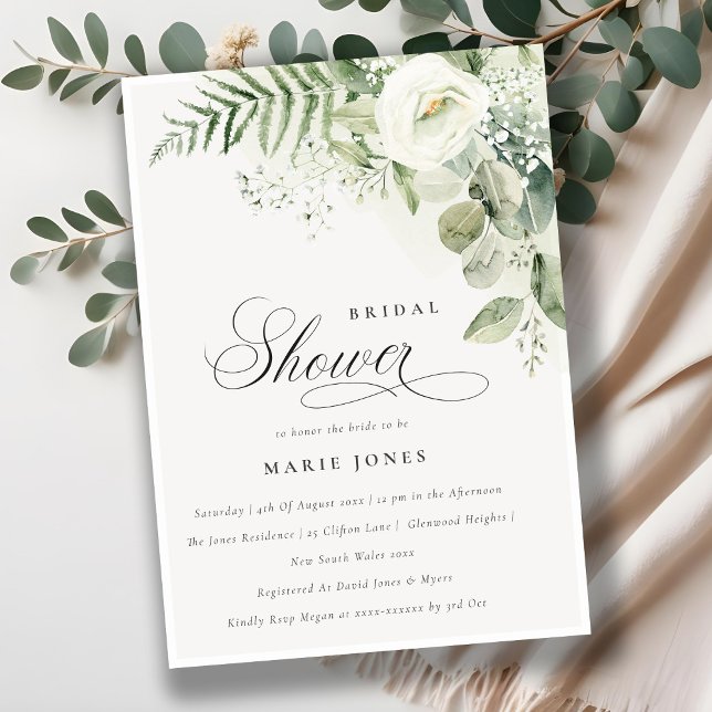 Invitación Elegante Fern Greenery White Floral Bridal Shower (Subido por el creador)
