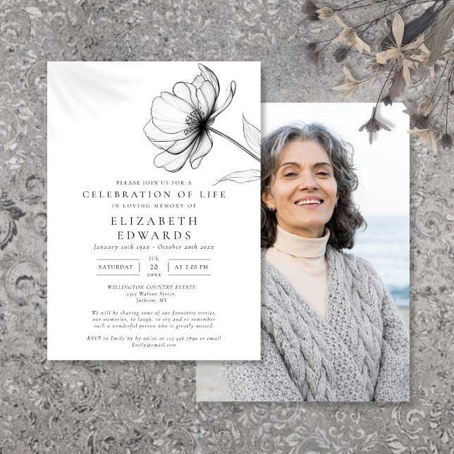 Invitación Elegante Festejo Floral De La Foto Del Funeral De  (Elegant Floral Celebration Of Life Funeral Photo Invitation)