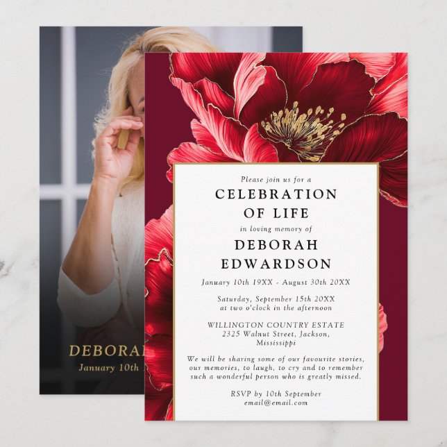 Invitación Elegante Festejo Floral Roja De La Foto De La Vida (Anverso / Reverso)
