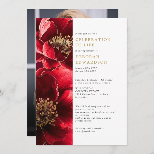 Invitación Elegante Festejo Floral Roja De La Foto De La Vida (Anverso / Reverso)