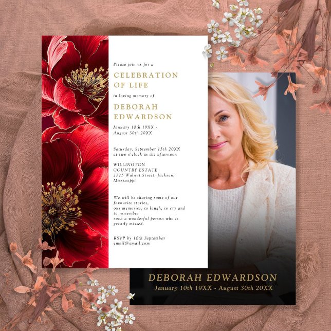 Invitación Elegante Festejo Floral Roja De La Foto De La Vida (Subido por el creador)