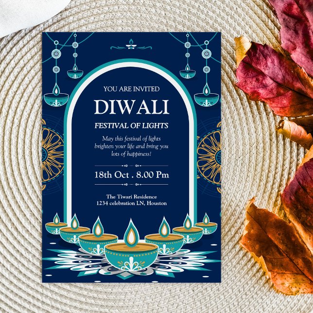 Invitación Elegante Festival de Luces de Diwali Azul y Oro (Subido por el creador)