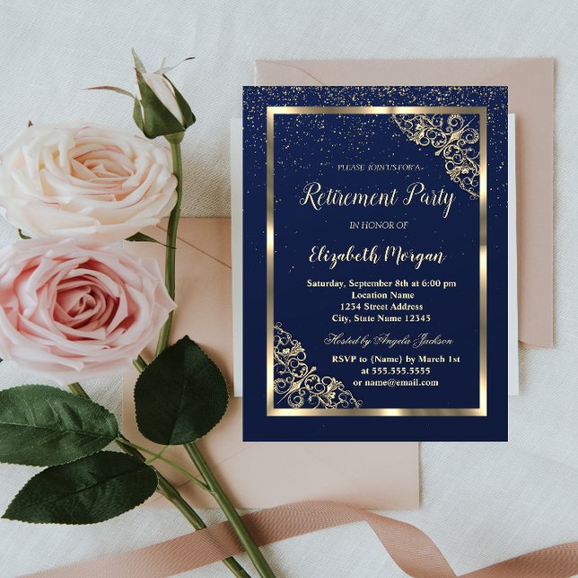 Invitación Elegante Festividad de marco dorado Jubilación azu (Subido por el creador)