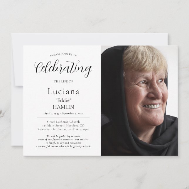 Invitación Elegante festividad fotográfica para el funeral co (Anverso)