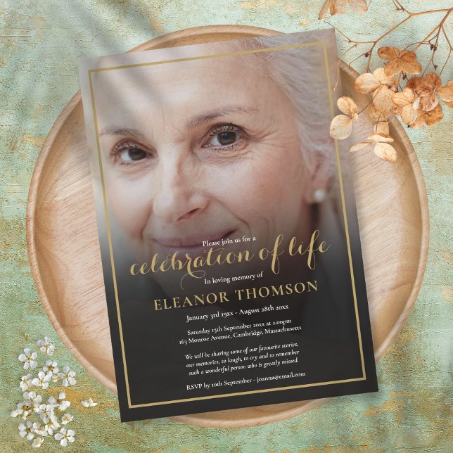 Invitación Elegante festividad funeraria foto celebración de  (Elegant Funeral Photo Celebration of Life Invitation)