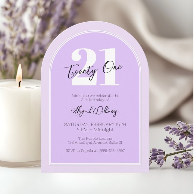 Invitación Elegante Fiesta 21 de cumpleaños de Twenty One Pur (Twenty One Purple Arch Elegant 21st Birthday Party Invitation)