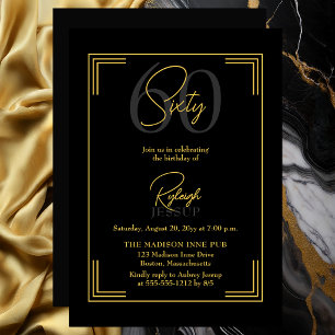 Invitación Elegante Fiesta Art Déco Cumpleaños 60 en Negro y 