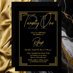 Invitación Elegante Fiesta Art Déco de Cumpleaños 21 en Negro