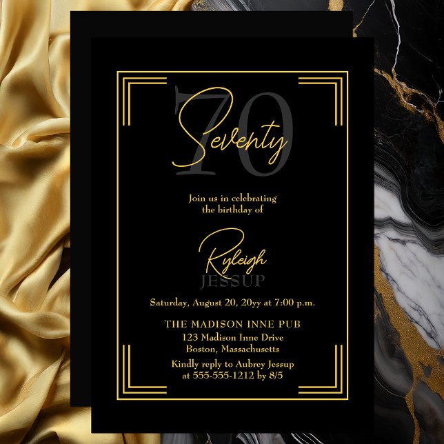 Invitación Elegante Fiesta Art Déco de Cumpleaños 70 en Negro (Elegant black and gold 70th birthday invitation with refined Art Deco frame)
