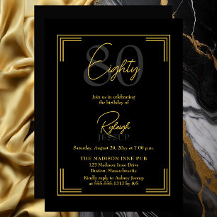 Invitación Elegante Fiesta Art Déco de Cumpleaños 80 en Negro