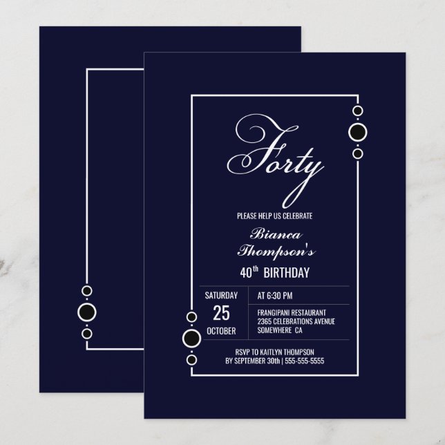 Invitación Elegante Fiesta azul 40 de cumpleaños (Anverso / Reverso)