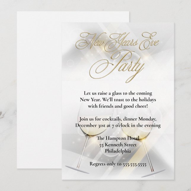 Invitación Elegante Fiesta blanco de Año Nuevo (Anverso / Reverso)