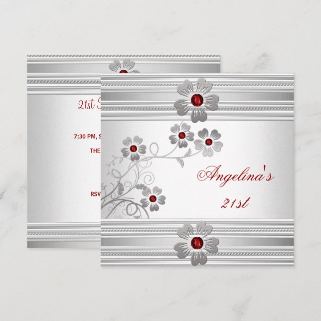 Invitación Elegante Fiesta blanco rojo 21 de cumpleaños flore (Anverso / Reverso)